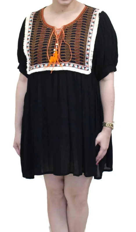 Embroidered & Fringed Short Sleeve Mini Dress In Black