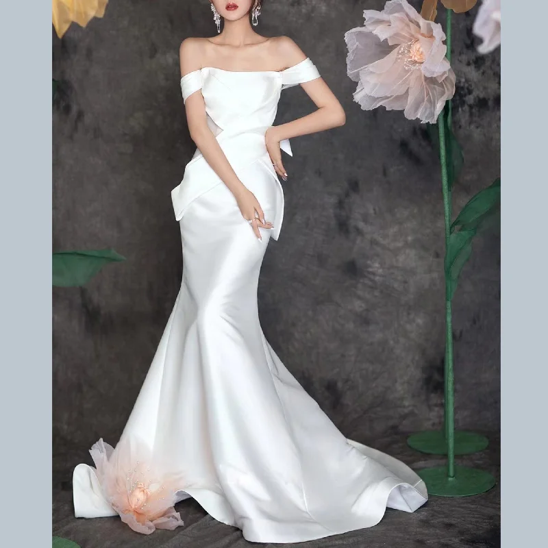 Ruched Sleek Satin Mermaid Wedding Dress with Off the Shoulder