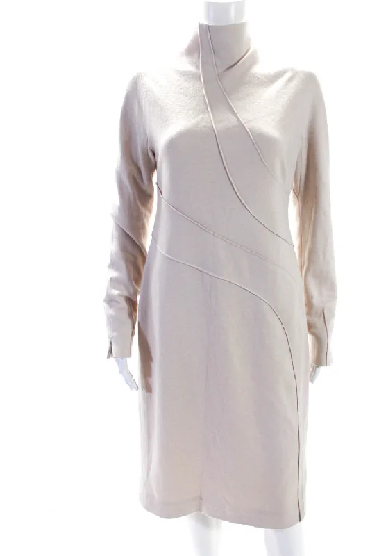 Chado Ralph Rucci Womens Mock Neck Long Sleeved Midi Shift Dress Beige