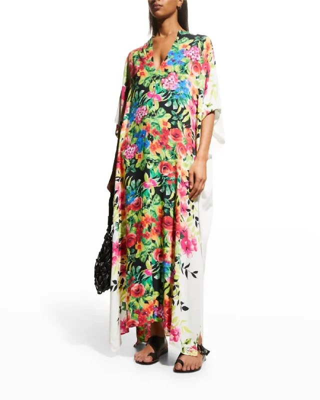 Dana Swim Cover-Up Side Slit Pullover Kaftan Maxi Dress In Multi