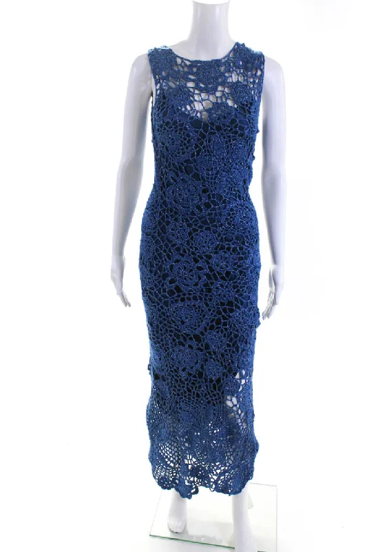 Alejandra Alonso Rojas Womens Twi Lurex Metallic Crochet Midi Dress Blue