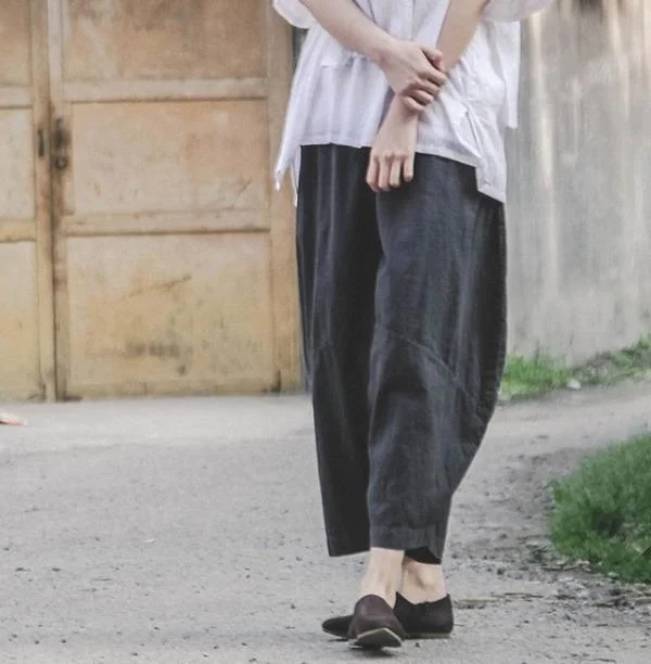 Women Cotton Linen Elastic Waist Vintage Pants Ladies Solid Color Retro Loose Trousers