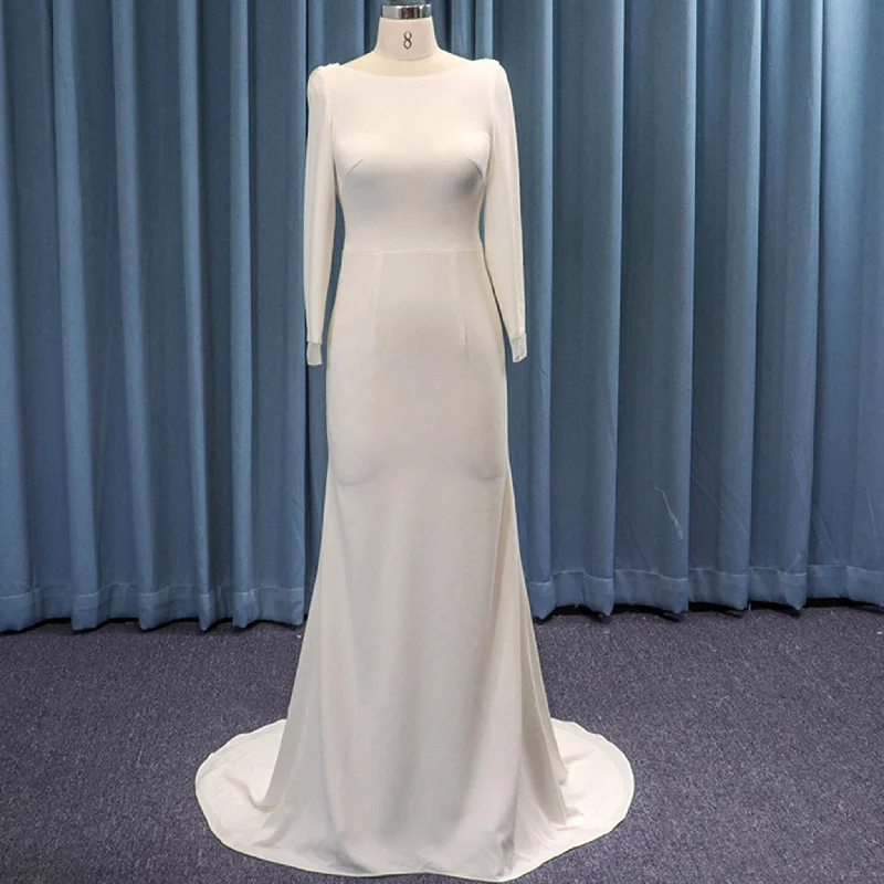 Sleek and Simple Soft Satin Mermaid Wedding Dress with Long Sleeve