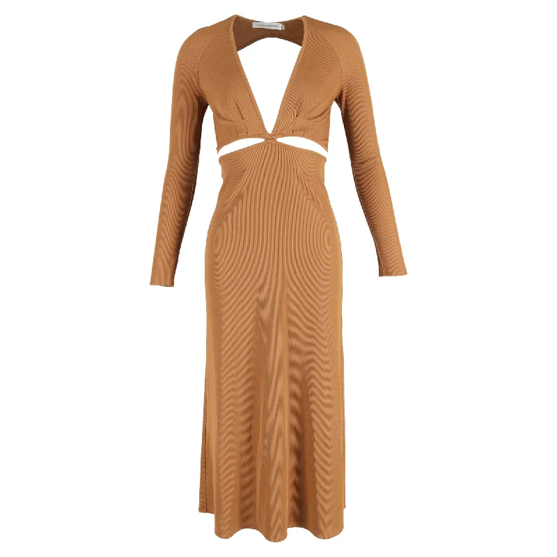 Christopher Esber Midi Cutout Ribbed Long Sleeve Dress in Brown Polyester