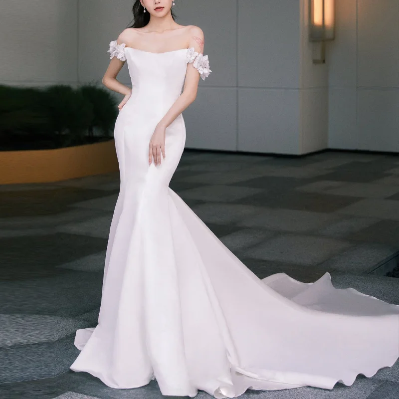 Off-Shoulder Satin Mermaid Wedding Dress Bridal Gown for Bride