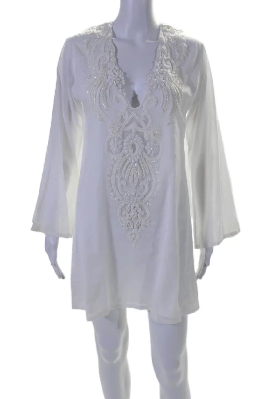 Ananya Womens Long Sleeve V Neck Beaded Mini Shirt Dress White