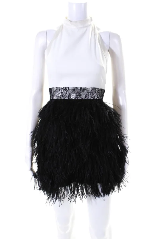 Givenchy Womens Colorblock Feathered Hem Zip Halter Midi Dress White