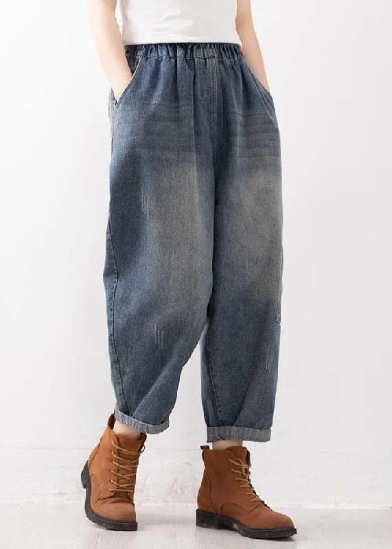 Women Blue Elastic Waist Pockets Harem Fall Denim Pants