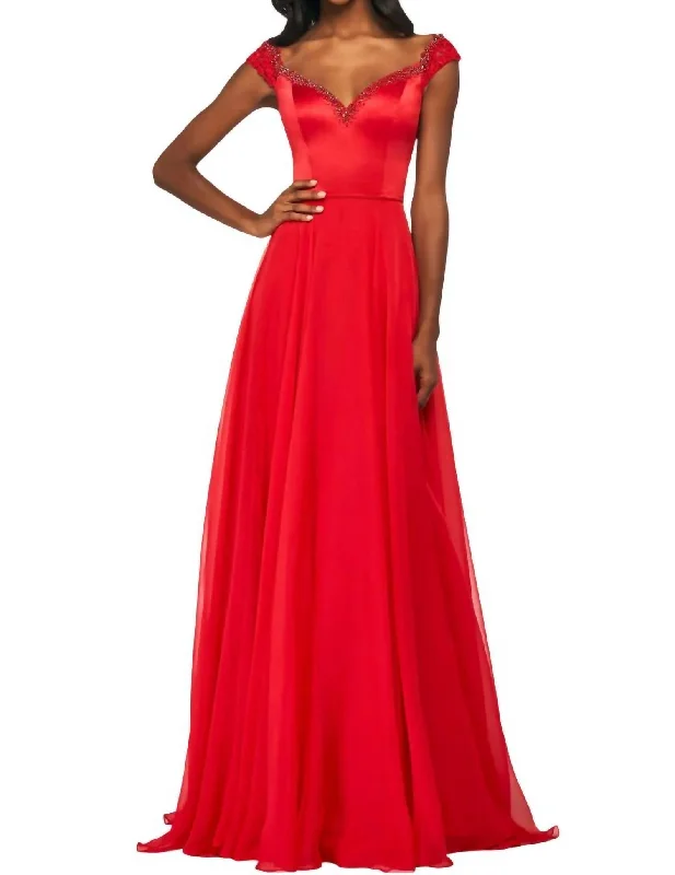 Lace Cap-Sleeves Chiffon Prom Dress In Red