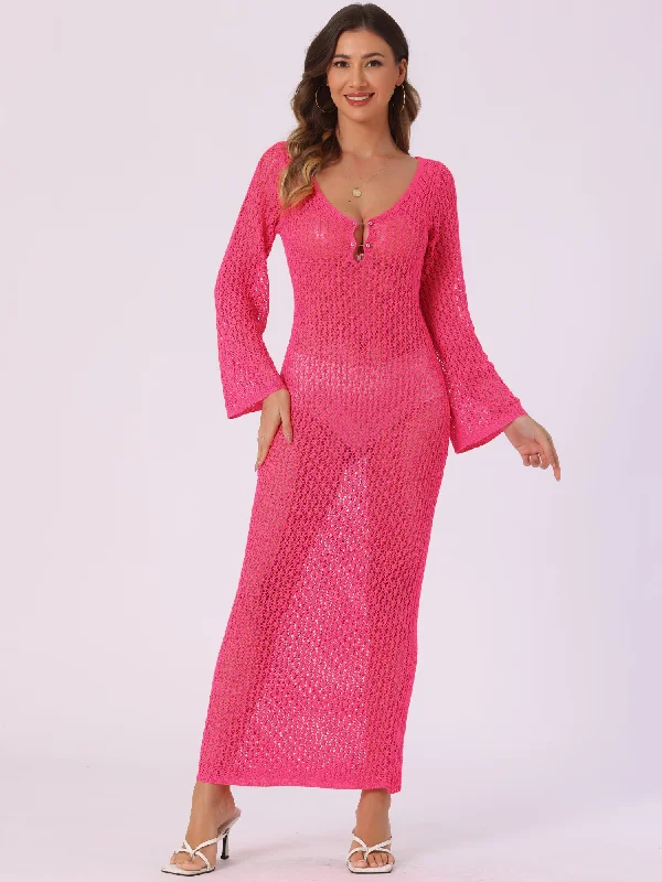 Long Sleeve Hollow Out Swim Cover Up Beach Crochet Dress