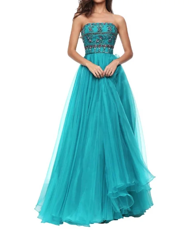 Sequined Full Length Prom Dress In Teal