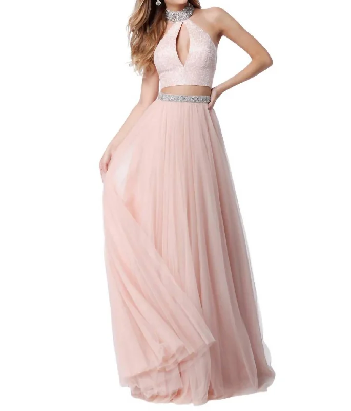 Two-Piece Beaded Keyhole Prom Dress In Blush