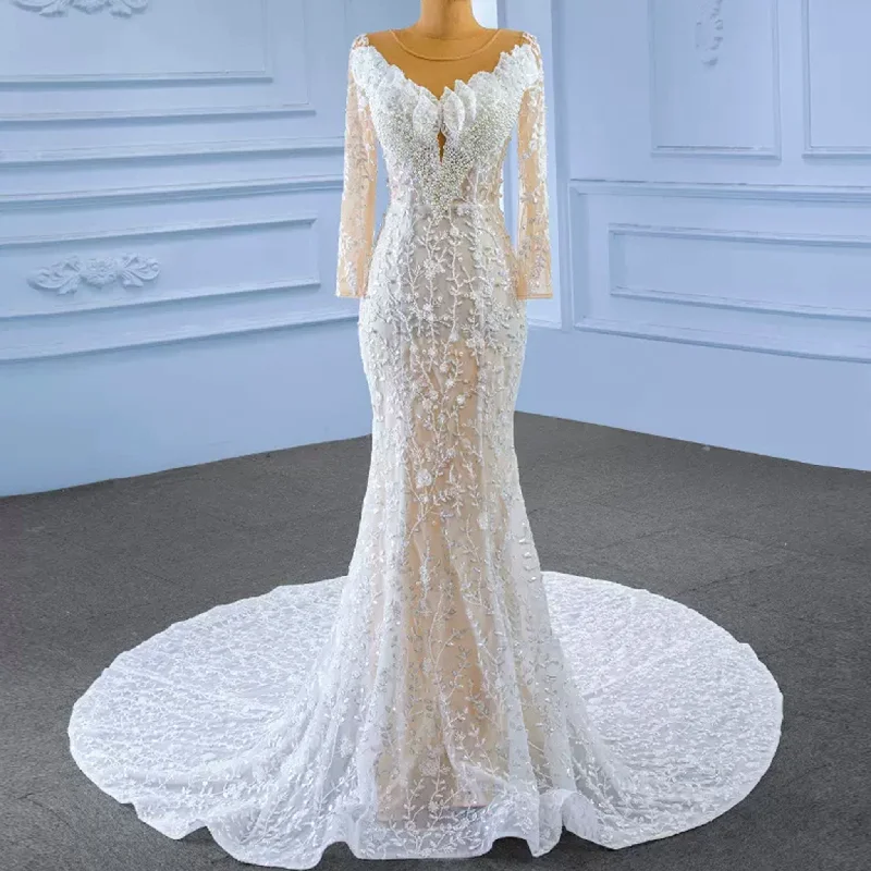 Long Sleeve Exquisite Wedding Gown Floral Lace Mermaid Wedding Dress