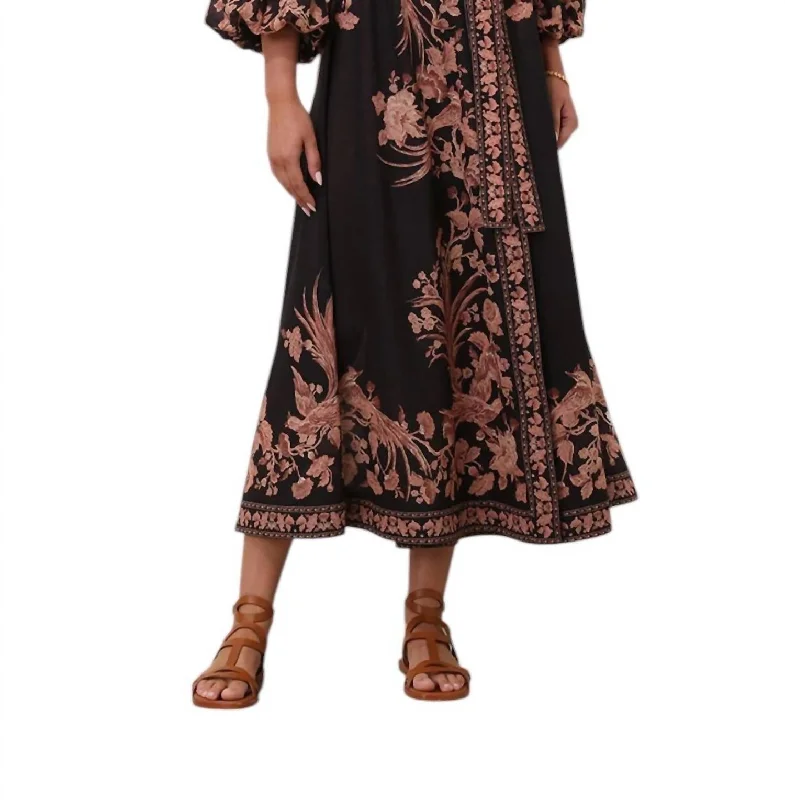 Waverly Wrap Midi Dress In Black Bird Floral