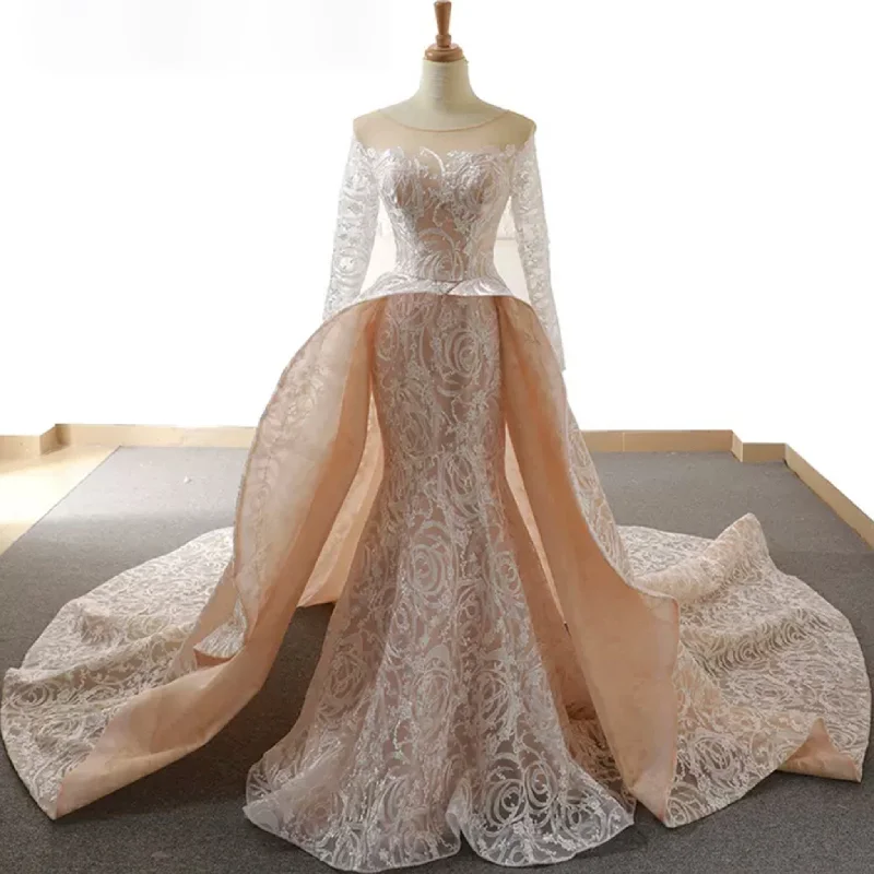 Champagne Mermaid Lace Long Sleeve Keyhole Wedding Dress