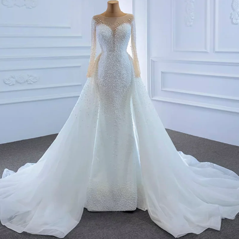 Beaded Pearls Mermaid Long Sleeves Wedding Dress with Overskirt