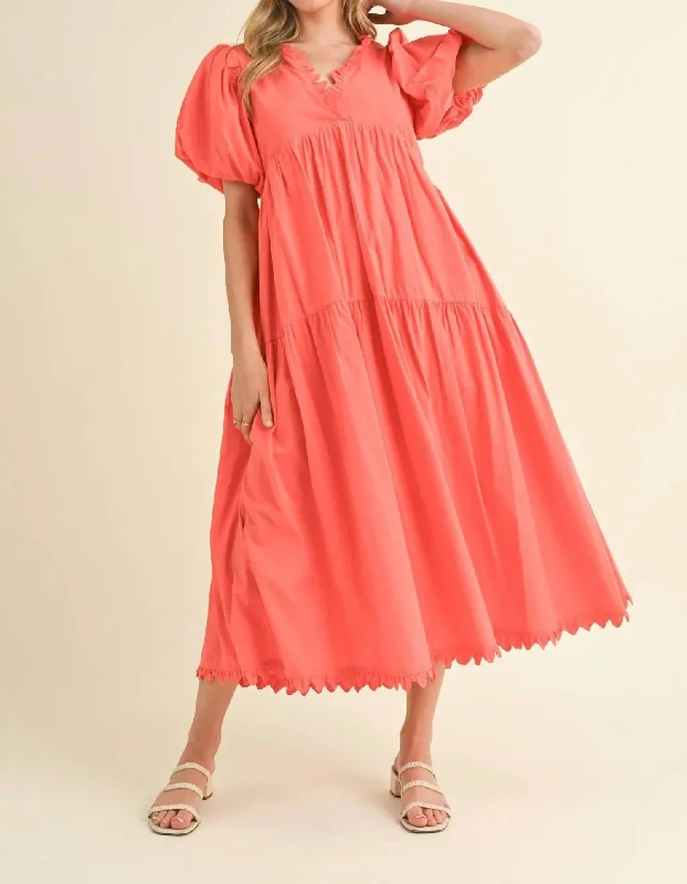 Scallop Trim Tiered Midi Dress In Coral