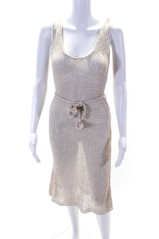 Zimmermann Womens Net Crochet Belted Midi Sheath Dress Beige