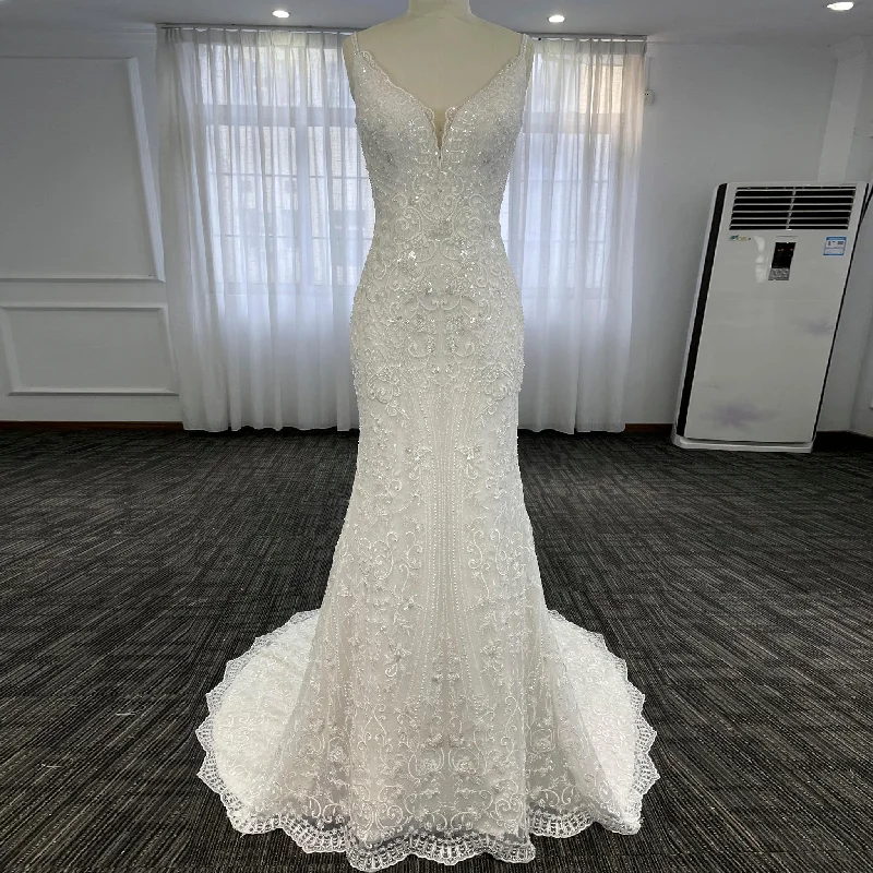 Vneck Spaghetti Strap Lace Mermaid Wedding Dress With Sparkle