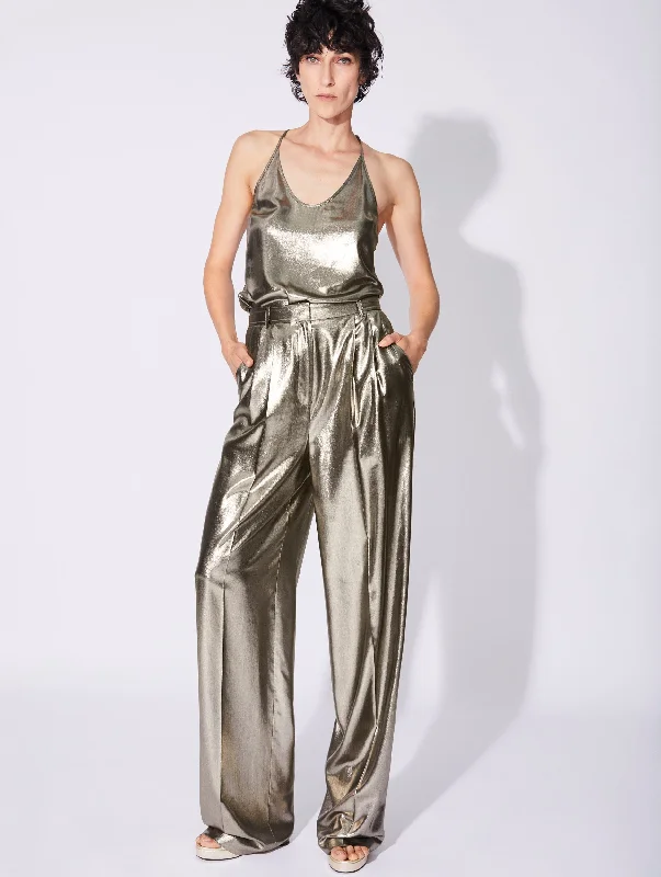 Gold lamé wide leg pleated trousers