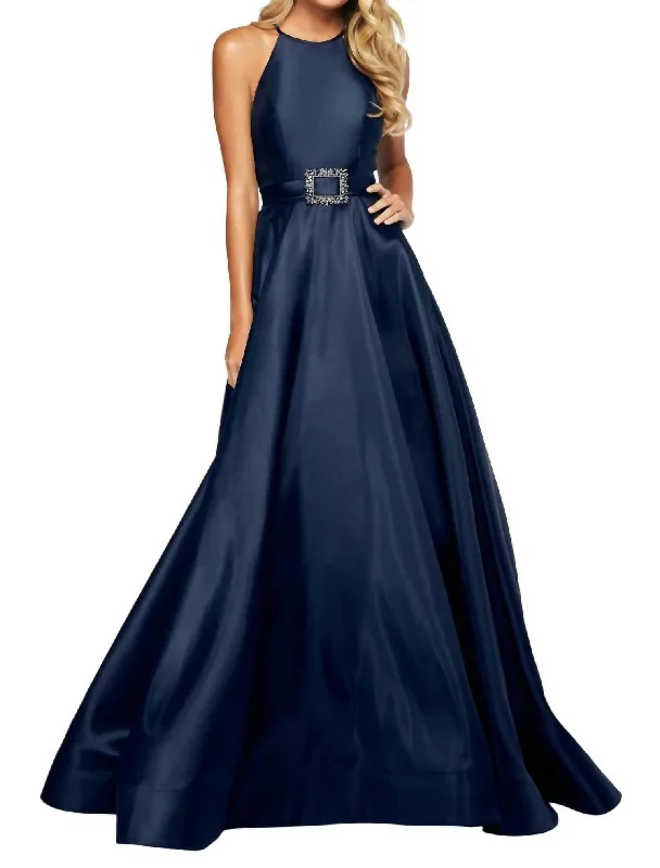 High-Cut Halter Prom Dress In Navy