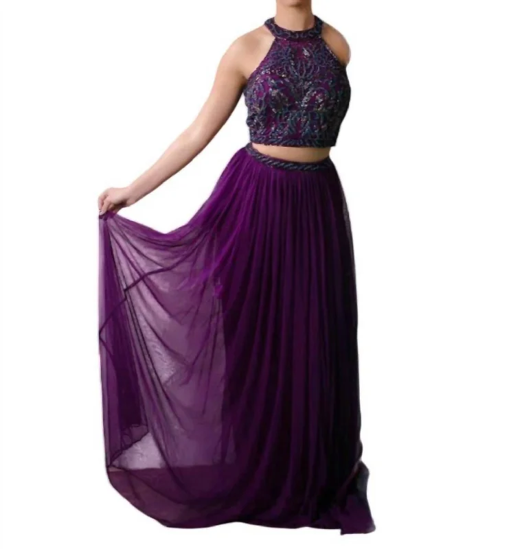 Embellished Crop Top Two Piece Gown In Plum