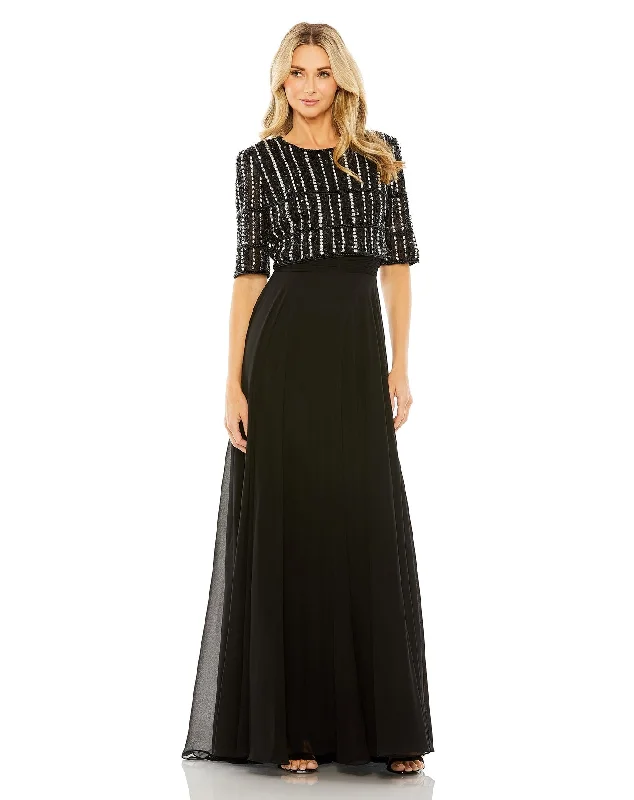 Chiffon Gown w/ Fully Beaded 1/4 Sleeve Top