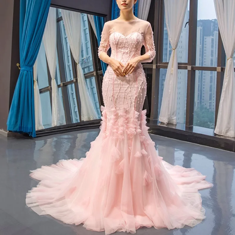 Pink Mermaid Long Sleeve Backless Beading Sequins Prom Dress