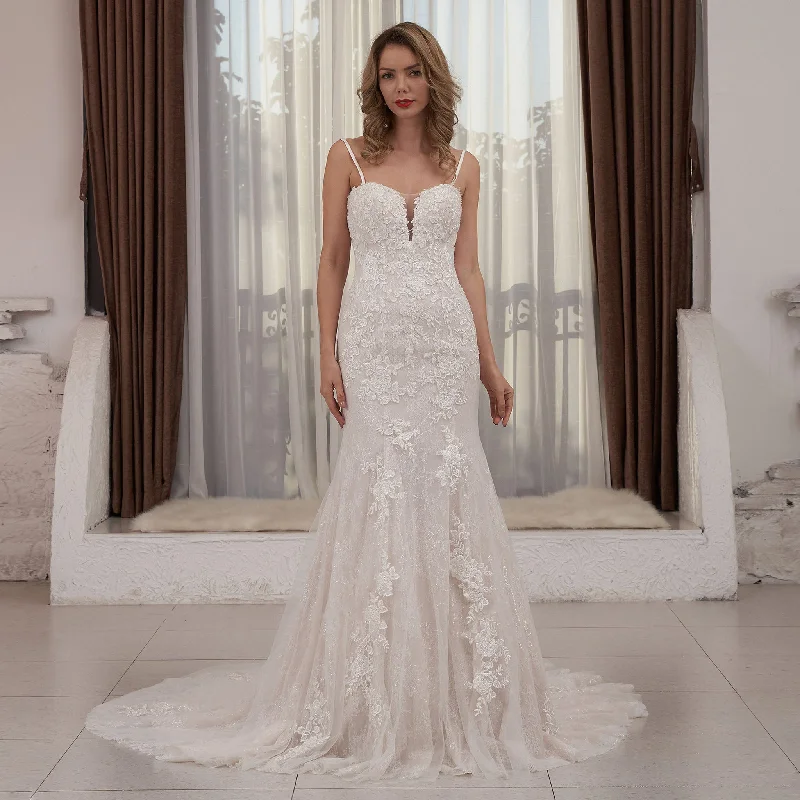 Modest Spaghetti Strap Mermaid Lace Bridal Wedding Dress