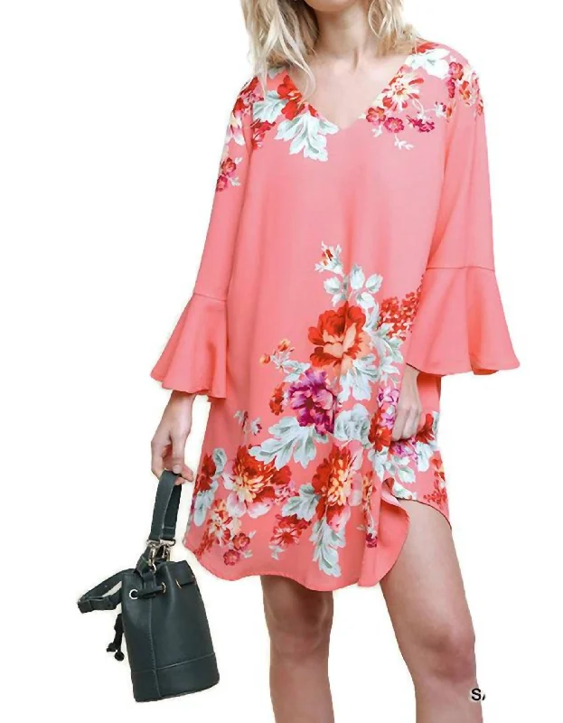 Floral Print Bell Sleeve Mini Dress In Salmon