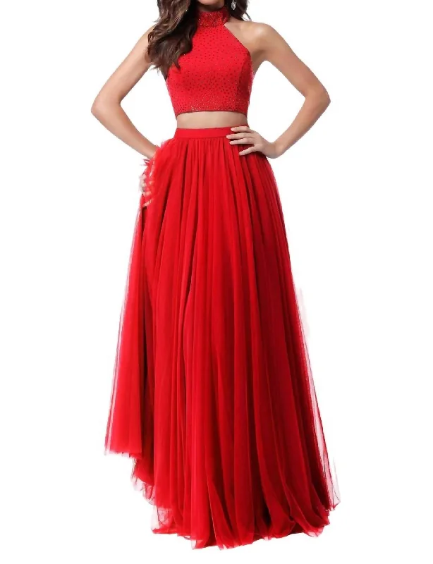 Two-Piece Beaded Prom Dress In Red