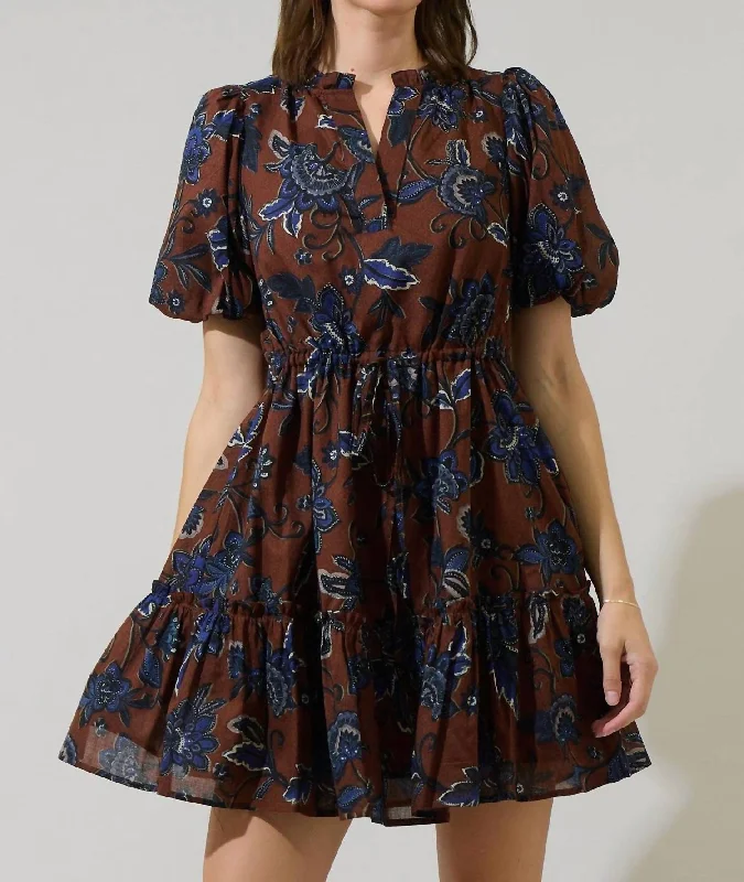 Floral Noella Shift Mini Dress In Brown/blue