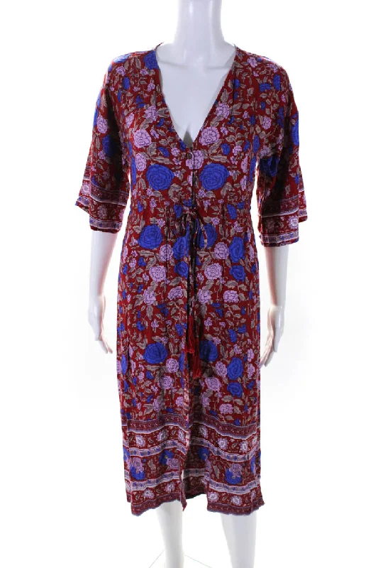 Arnhem Womens Floral Print Half Sleeve Button Down Midi Shirt Dress Red