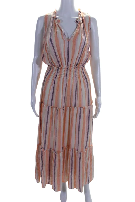 Rails Womens Loulou Y Neck Striped Midi A Line Dress Papaya