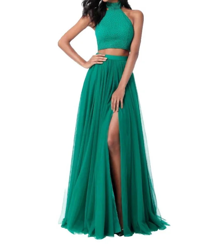 Two-Piece Beaded Prom Dress In Emerald