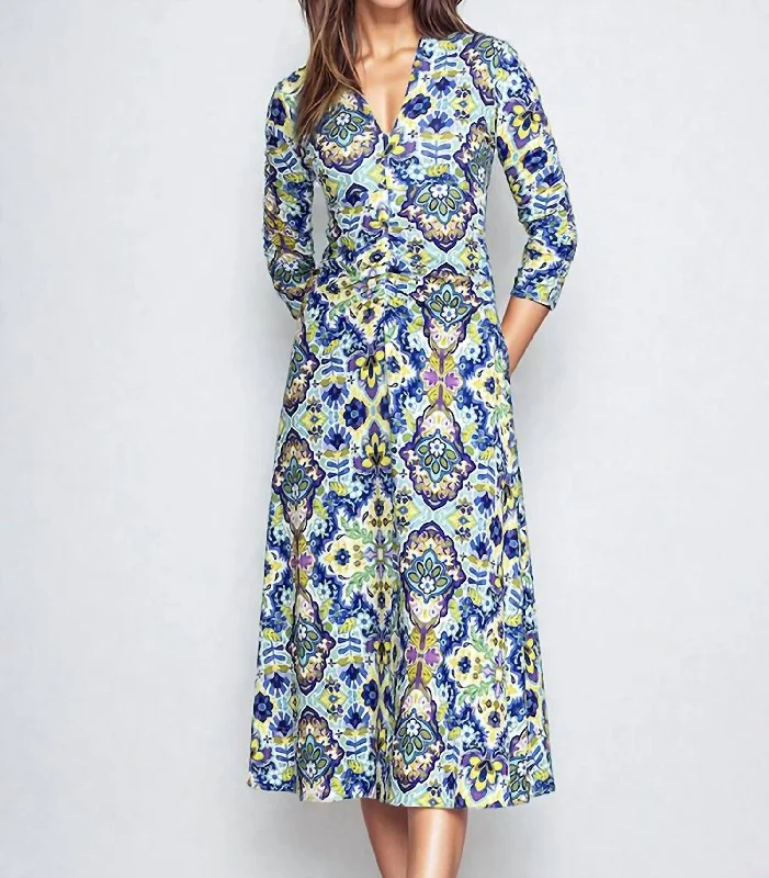 Kiara Matte Jersey Midi Dress In Blue Multi