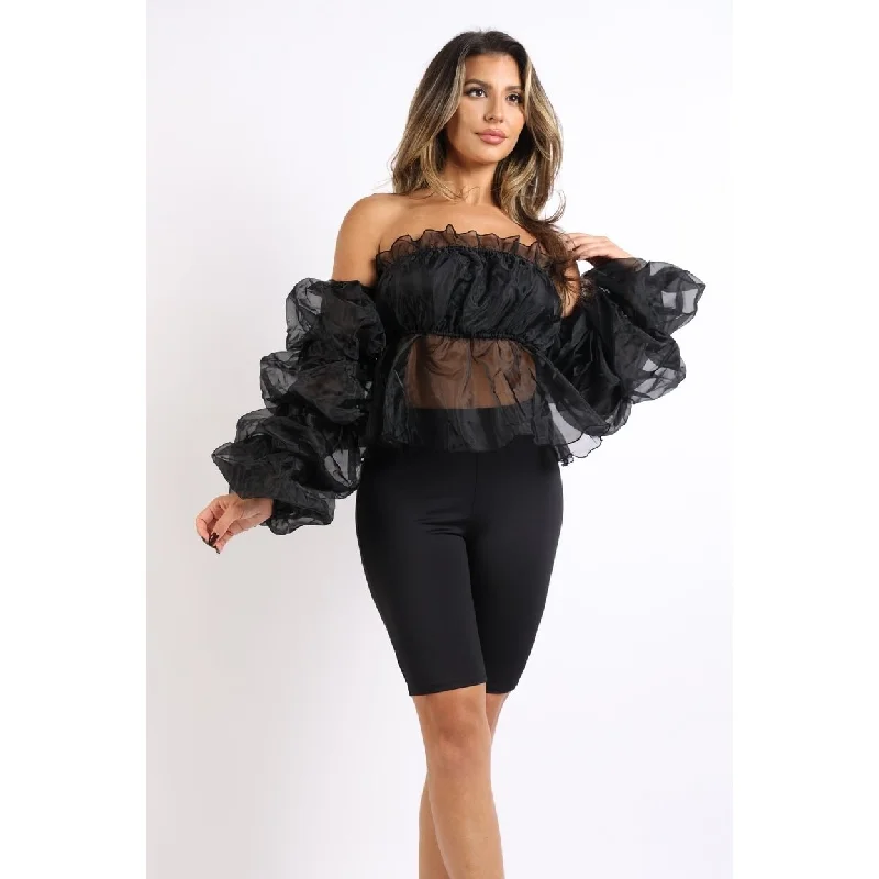 Sexy Organza Sleeve Detailed Top And Matching Shorts 2 Piece Set Black