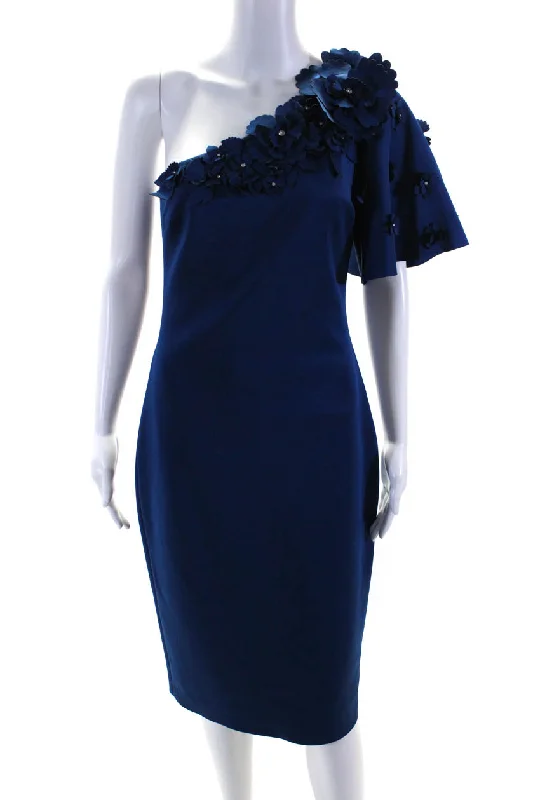 Badgley Mischka Womens 3D Flower One Shoulder Midi Sheath Dress Cobalt