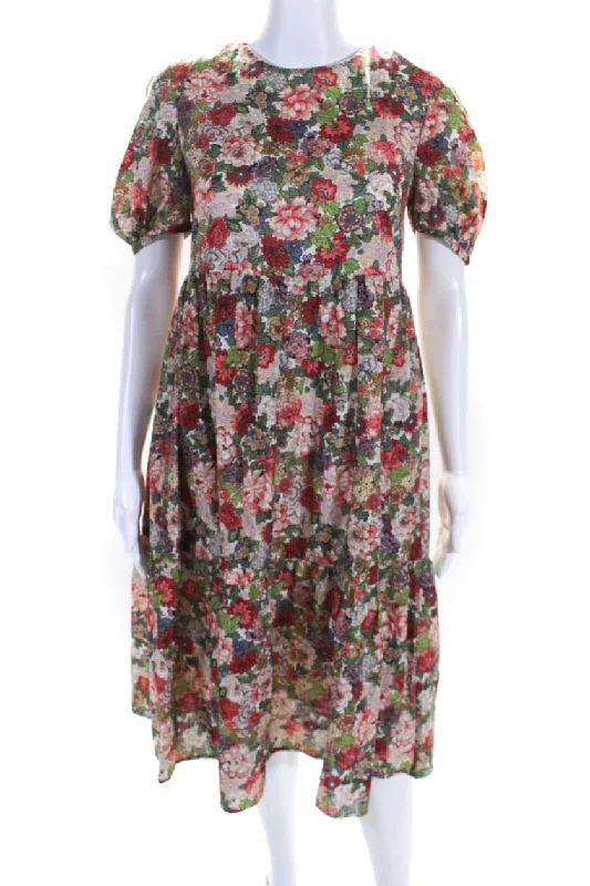 Casey Marks Women's Round Neck Short Sleeves Tiered Floral Midi Dress