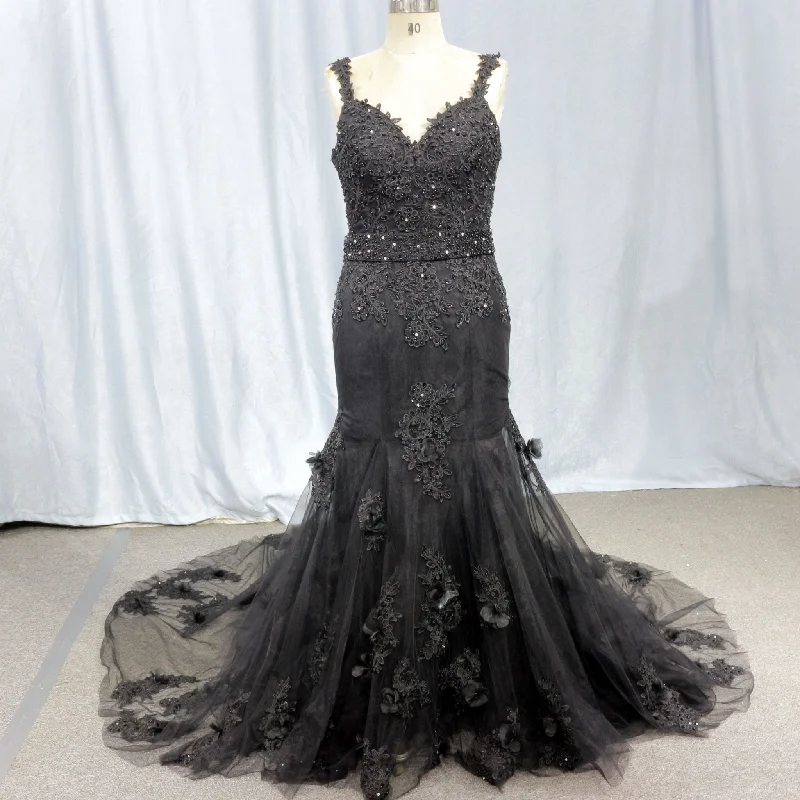 Mermaid Lace Applique Black Wedding Dress Backless Bridal Gowns