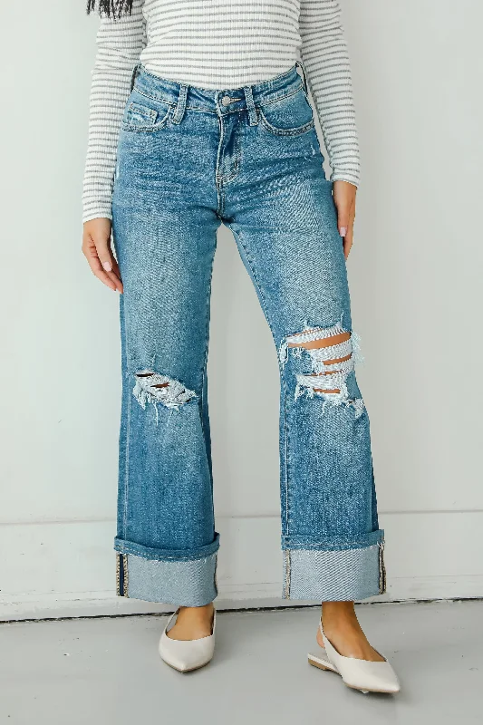 Callie Medium Wash Distressed Cuffed Wide Leg Jeans