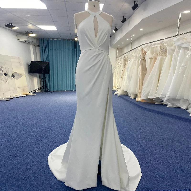 Simple Satin Halter Neckline Wedding Dress with Leg Slit