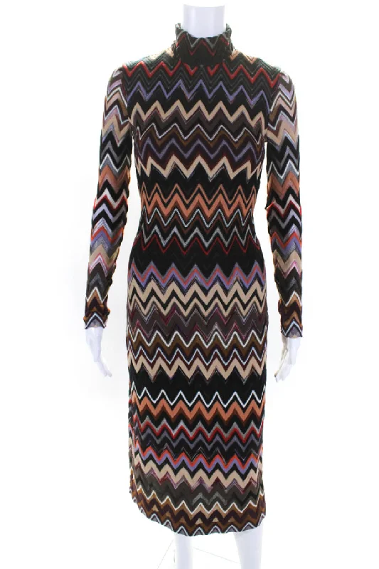 Missoni Womens Chevron Knit Turtleneck Long Midi Sheath Dress Beige Brown IT 36