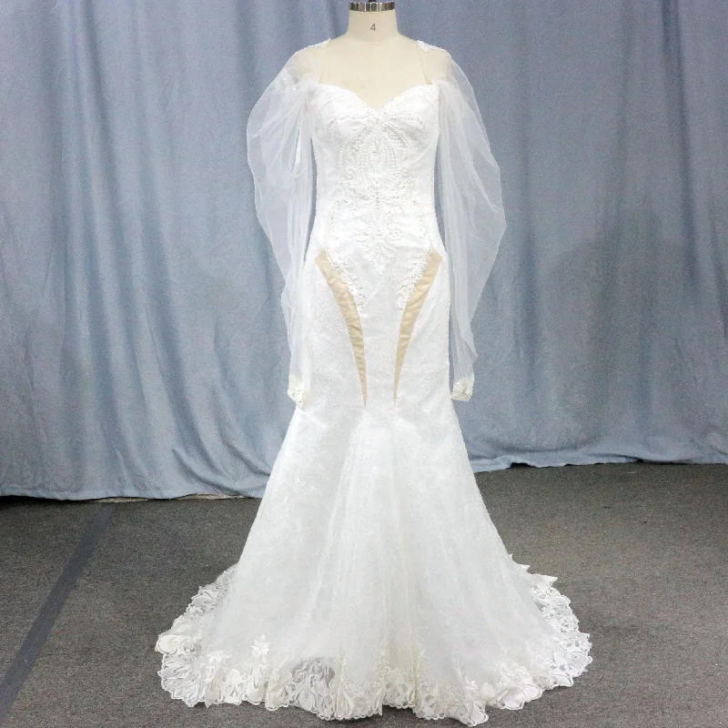 Off-The-Shoulder Beading Lantern Sleeve Lace Wedding Dress