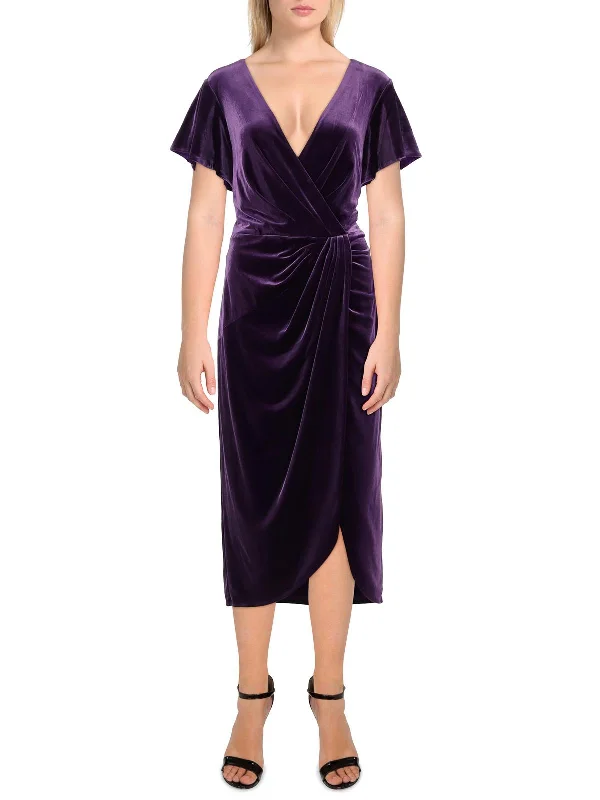 Womens Velvet V-Neck Midi Dress