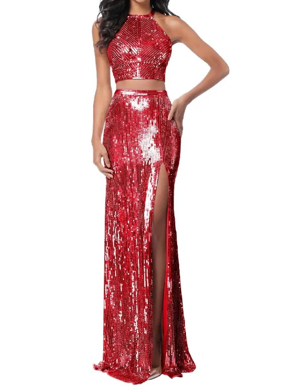 Two-Piece Sequin Prom Dress In Red