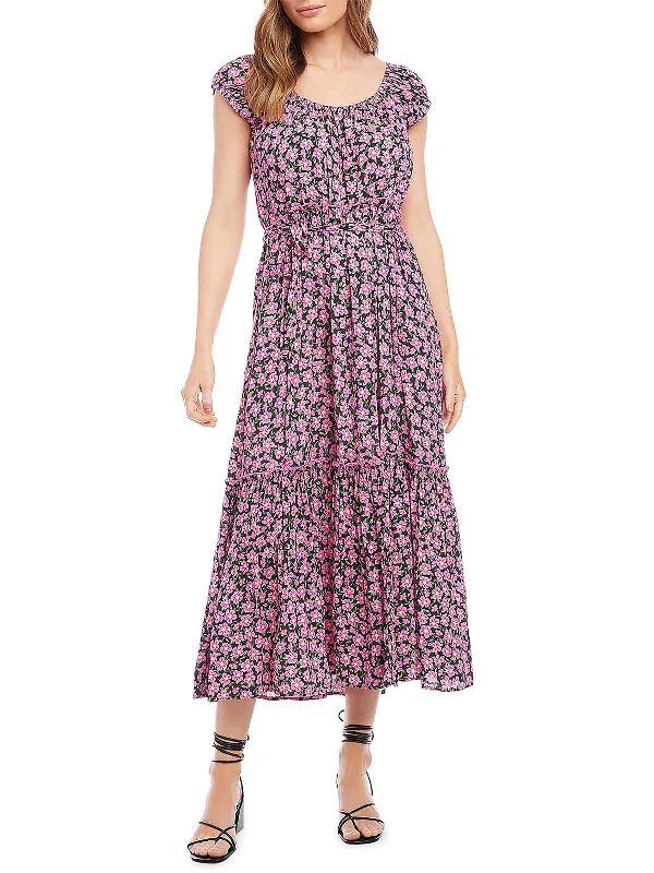 Womens Floral Scoop Neck Midi Dress