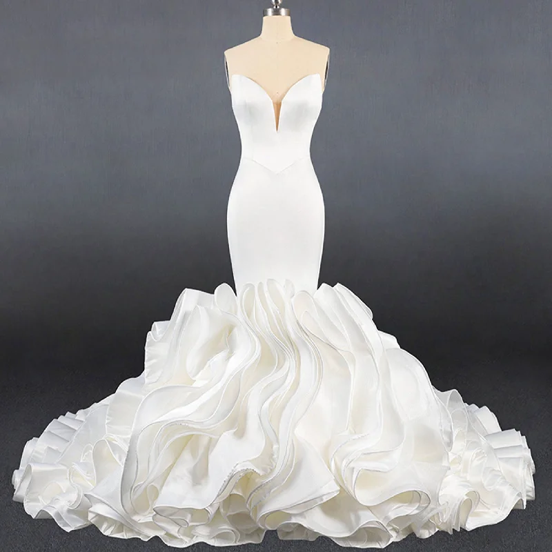 Elegant Strapless Satin Mermaid Wedding Dress with Layered