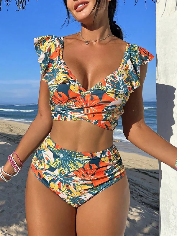 Ruffled Lace-Up Floral Bikini Swimsuits