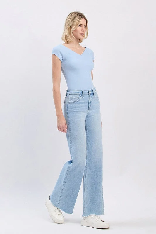 Bradley High Rise Raw Hem Wide Leg Jeans Light Wash